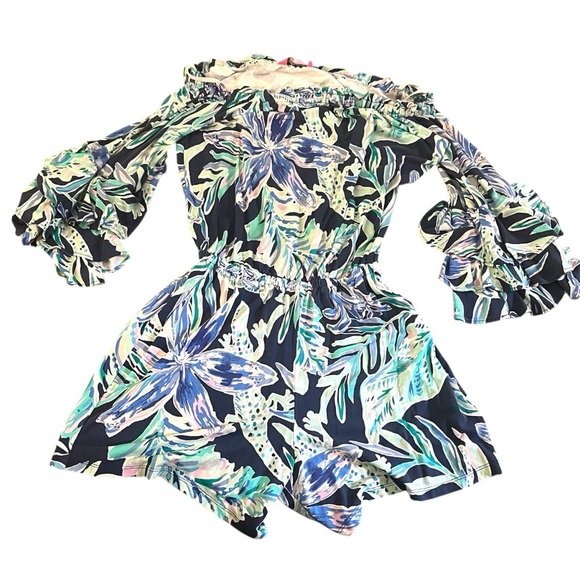 Lilly Pulitzer Calla Off Shoulder Romper High Tide Navy Ready Set Gecko - Picture 2 of 4